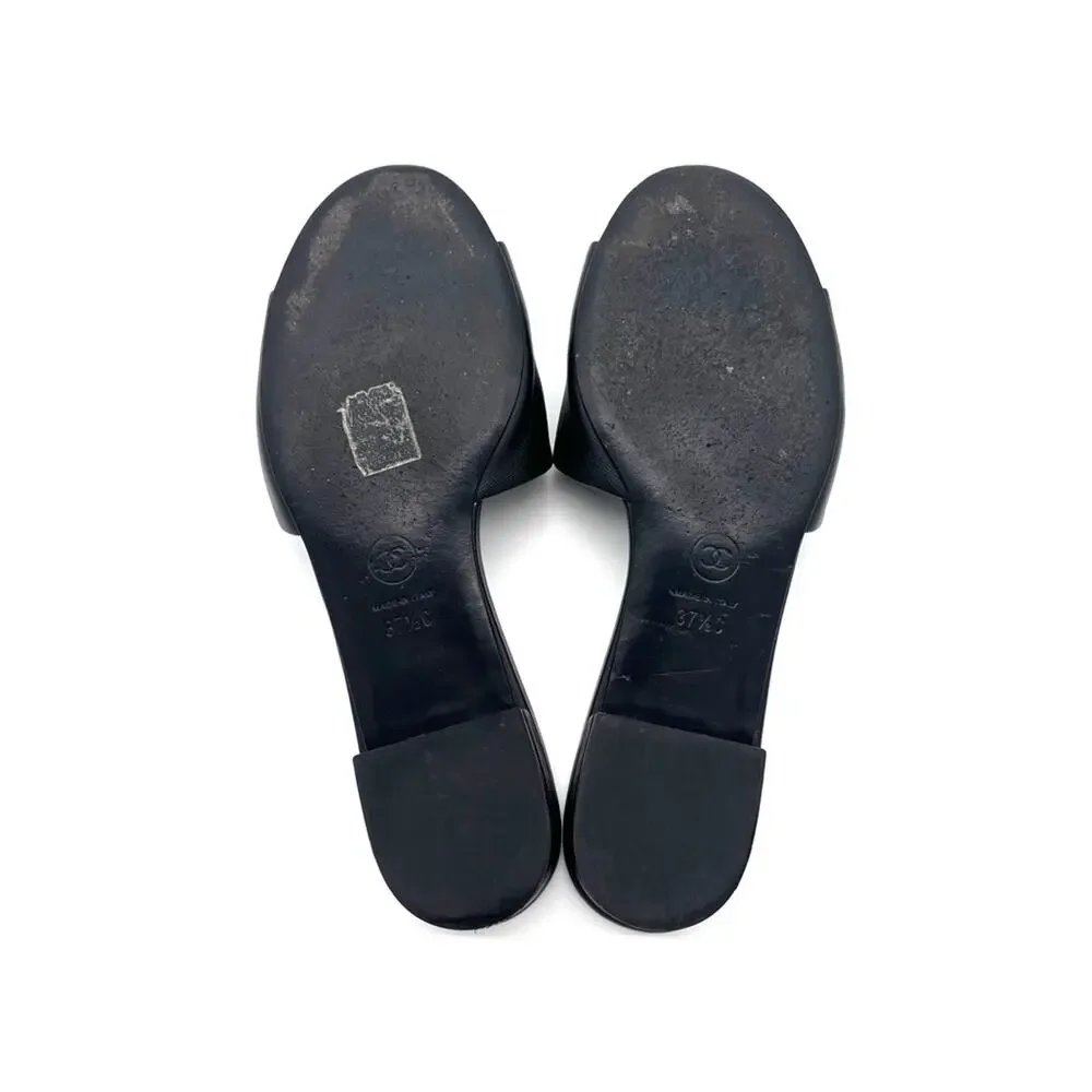 Chanel CC Logo Lambskin Black Leather Slip On Slides Mules 37.5